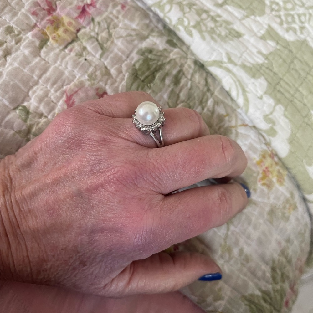 Elegant Pearl and Cubic Zirconia Cocktail Ring in Silver. From Macys.